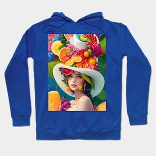 А woman with a white hat and some colorful fruity Hoodie